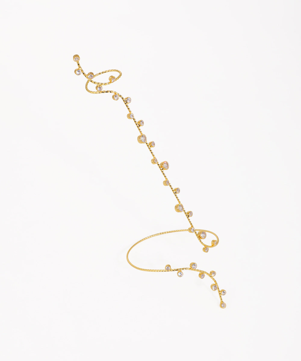 Gold-tone hand cuffs with winding vine design and clear CZ stones for a sparkling effect.