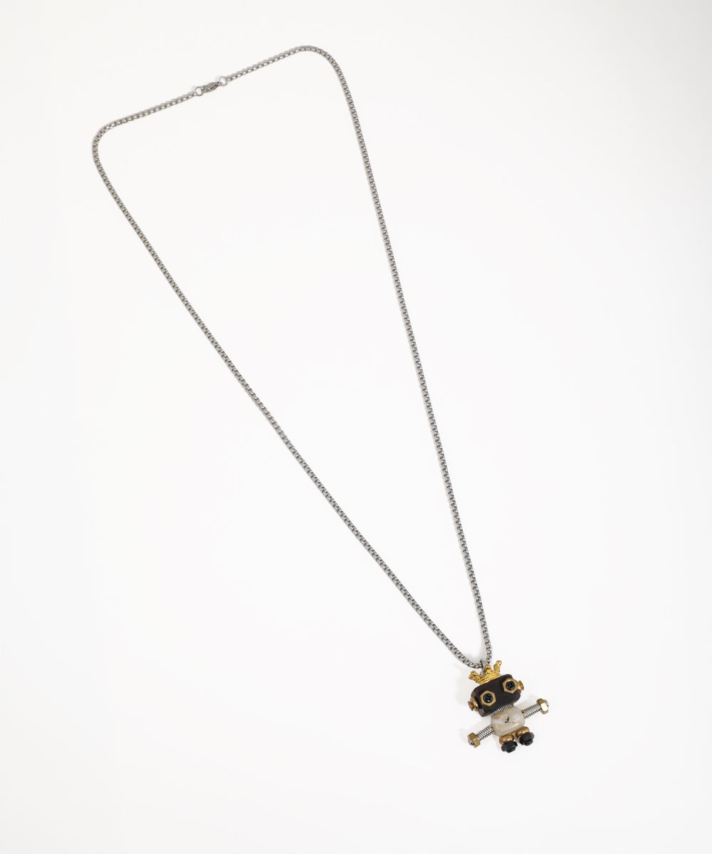 Silver-tone necklace with a playful robot charm featuring a gold-tone crown and screw details.