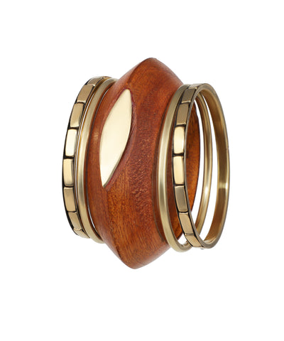 Polished wood kada with gold-tone leaf inlays and thin gold-tone bangles
