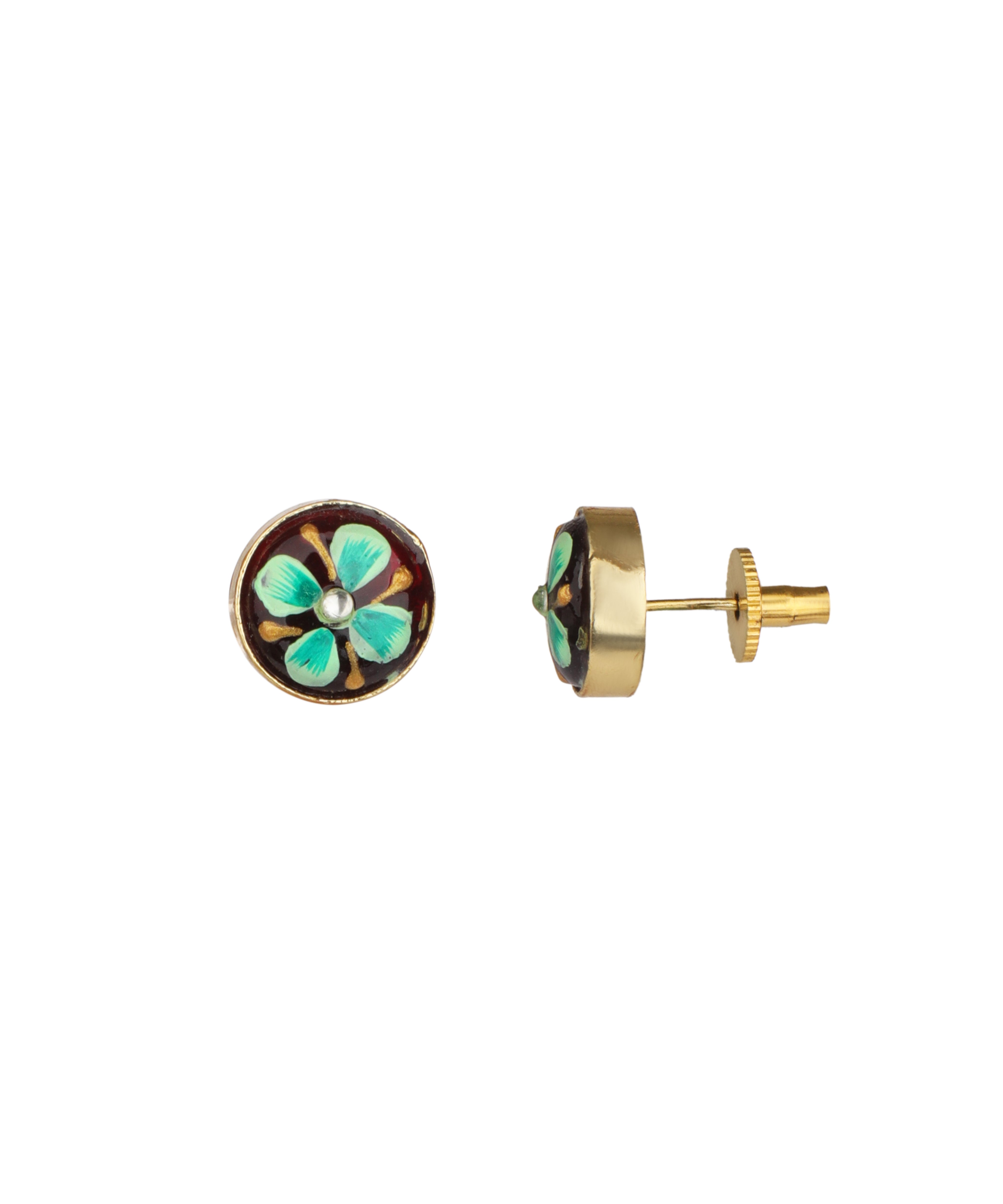 A pair of gold round stud earrings featuring a turquoise and green floral enamel design with a small central pearl, shown against a plain white background.