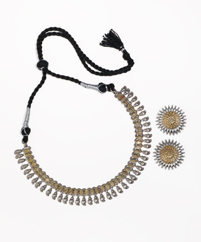 Oxidized silver-tone and gold-tone drop necklace with stud earrings