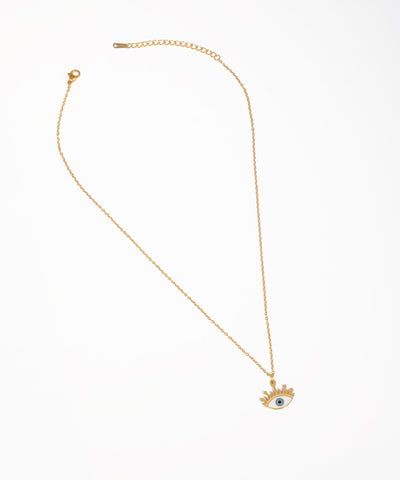 Gold-tone necklace with blue and white evil eye pendant and clear stones