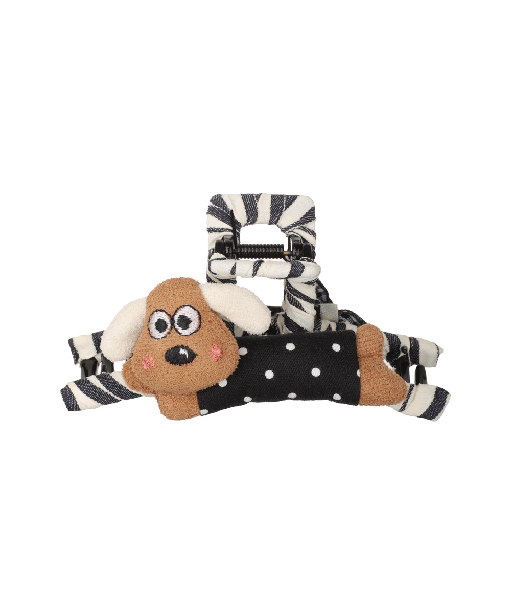 Black and white striped hair claw clip with a brown plush dog figure and polka dot body