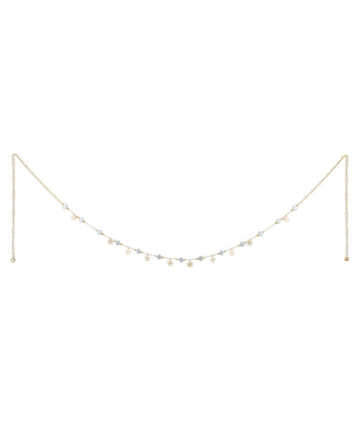 Gold-tone waist chain with small square glass crystals and floral charms