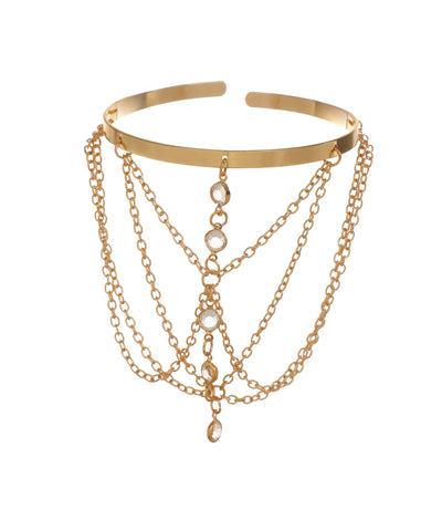 Gold-tone arm cuff with draped chains and clear glass crystal drops