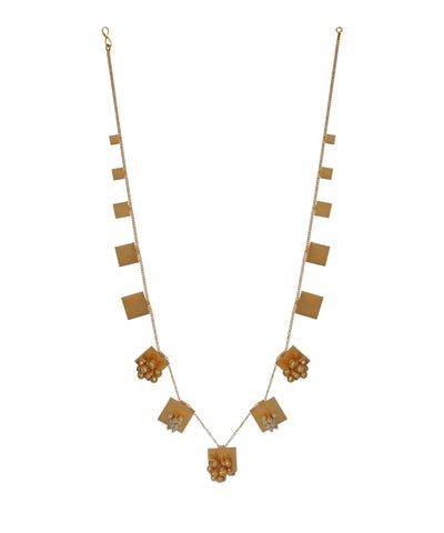 Gold-tone necklace with geometric square elements and faux pearl clusters, with matching earrings.