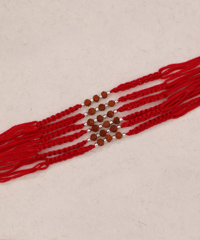 Red thread Rakhi set with Rudraksha and silver-tone beads