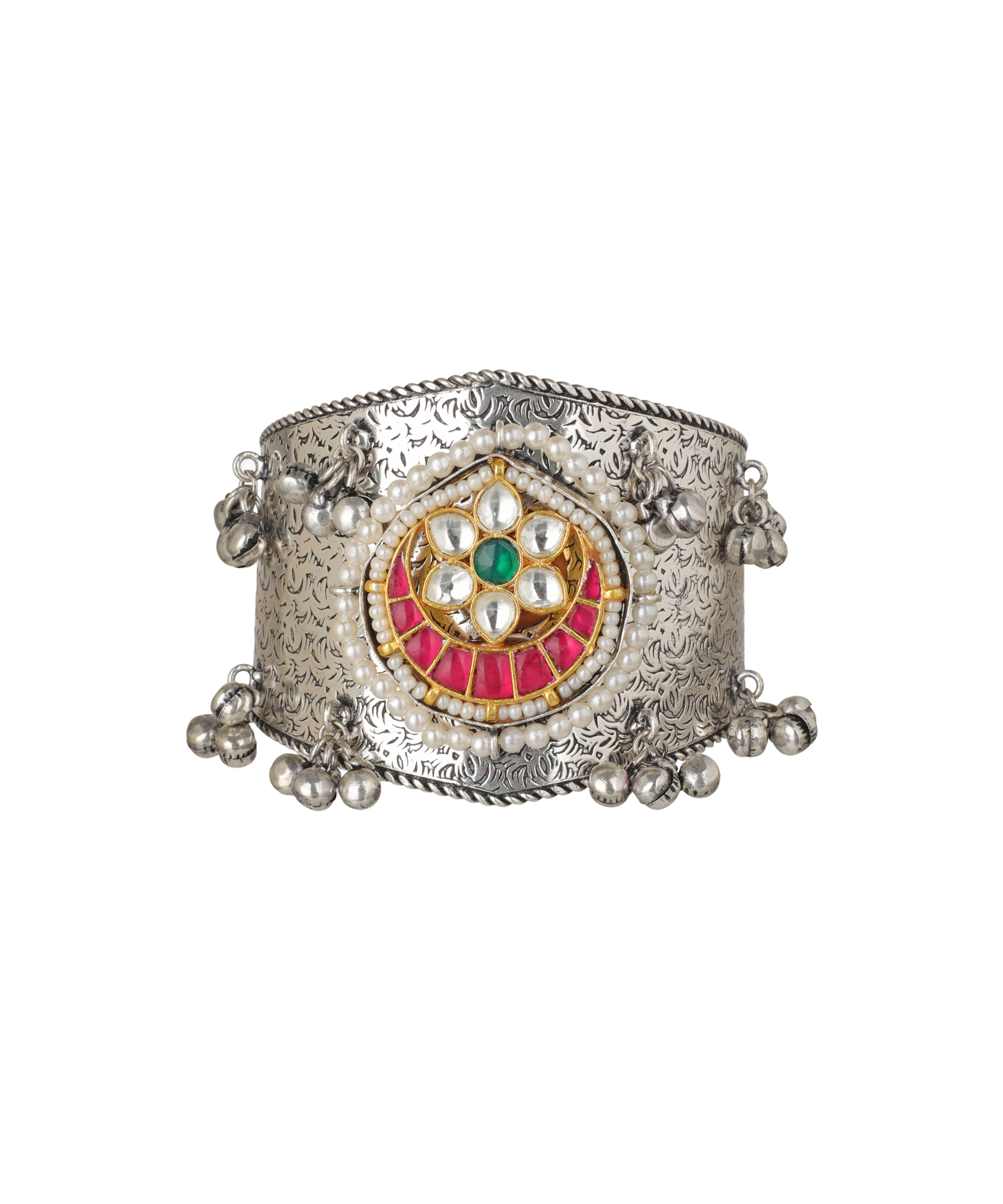 Oxidise silver-tone cuff bracelet with central kundan-style floral motif, red and green stones, and faux pearls