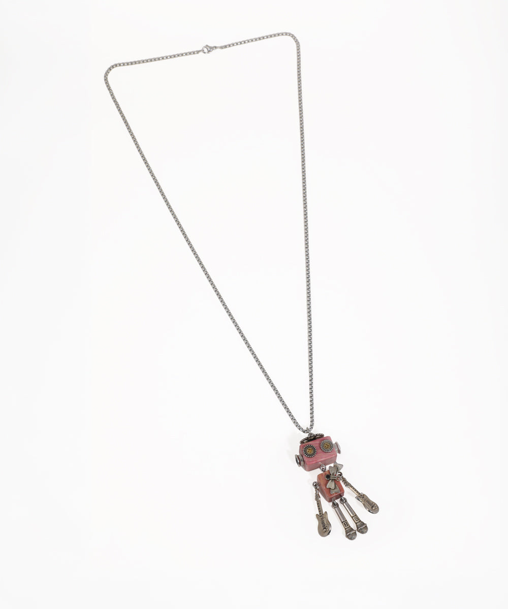 Silver-tone necklace with pink stacked box pendant and three guitar charms