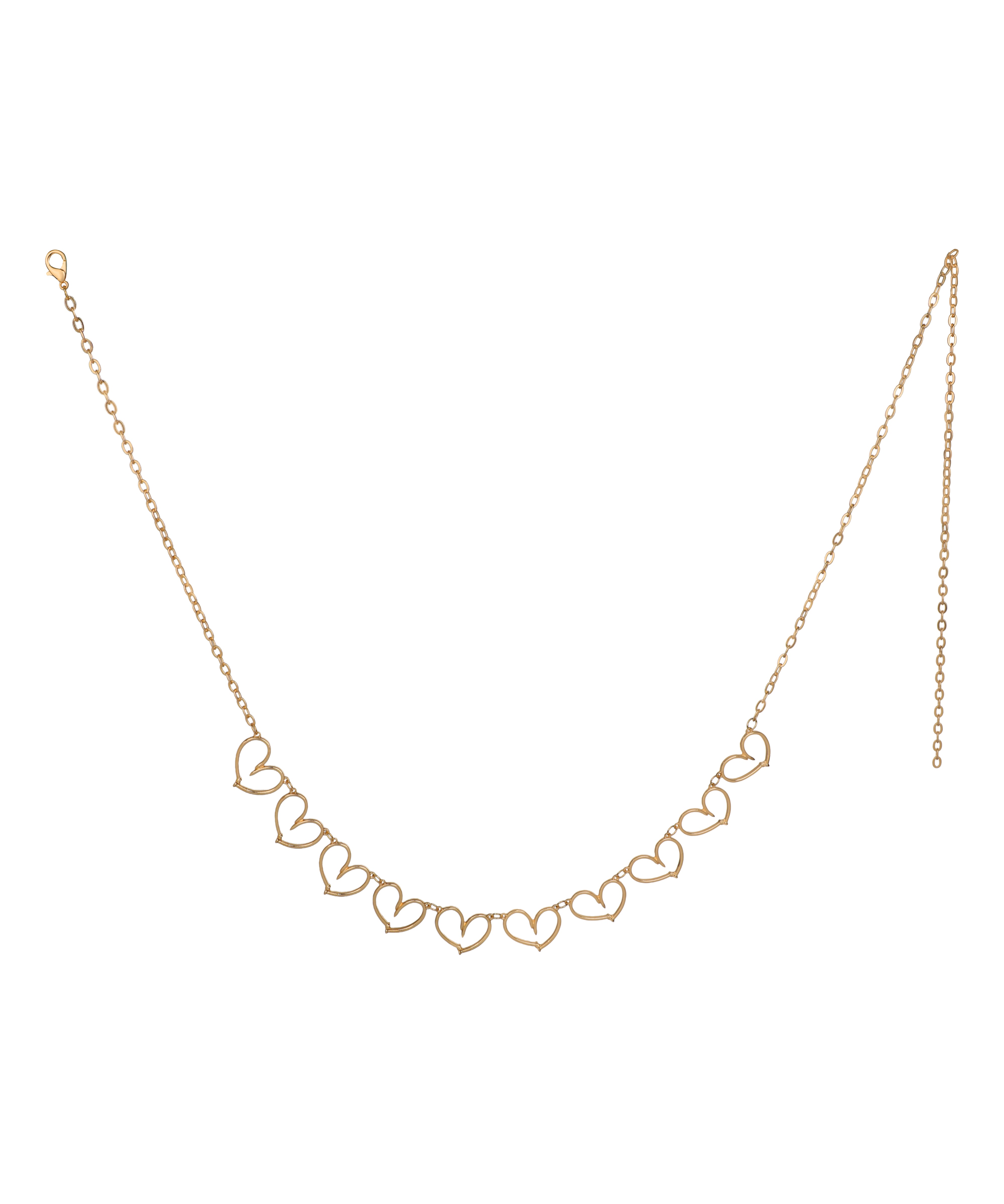 Gold-tone waist chain with a series of delicate open heart links and an adjustable lobster clasp.