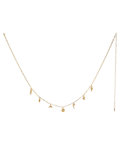 Gold-tone waist chain with small dangling sea creature charms, including seahorse, fish, and faux pearl