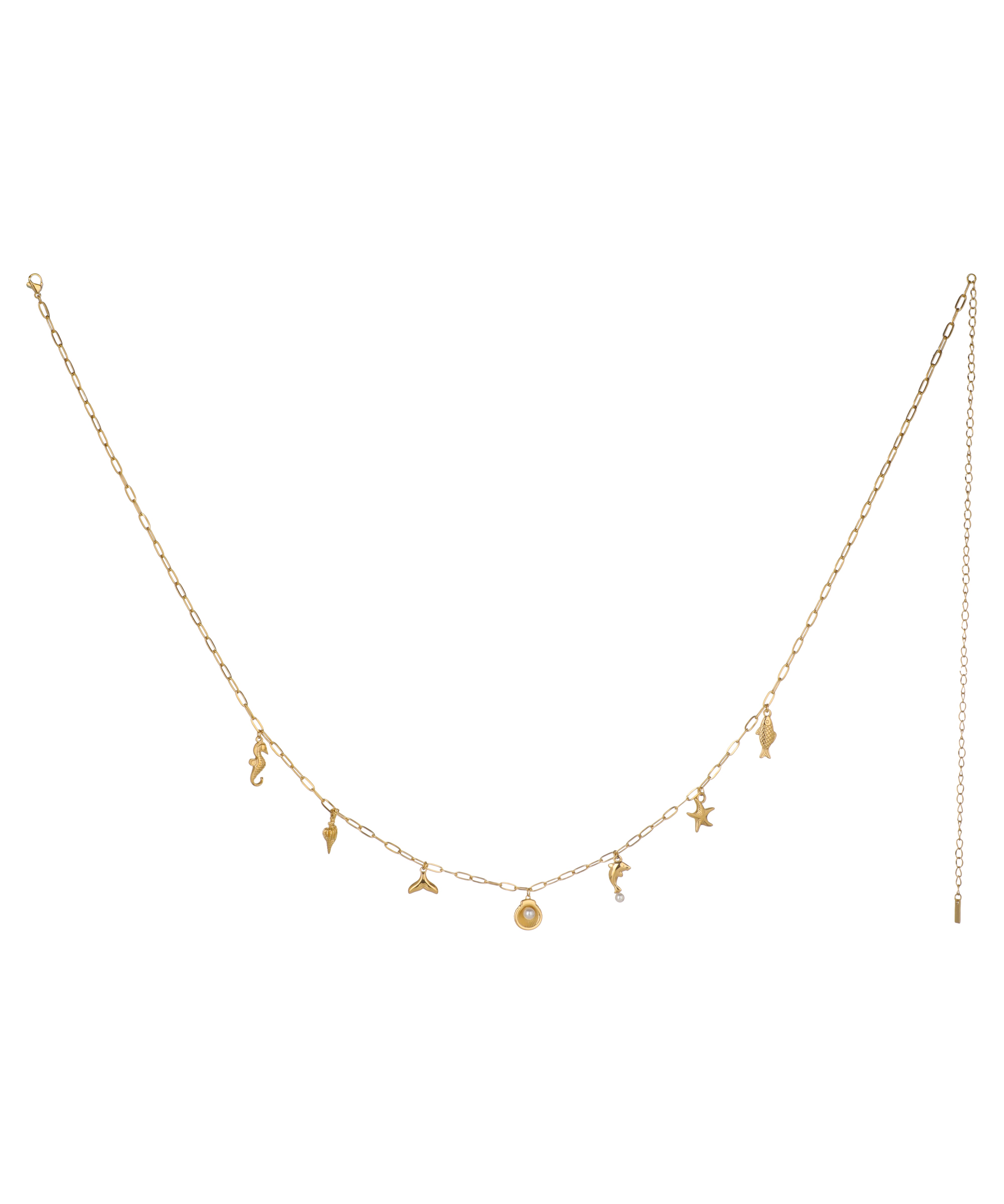 Gold-tone waist chain with small dangling sea creature charms, including seahorse, fish, and faux pearl