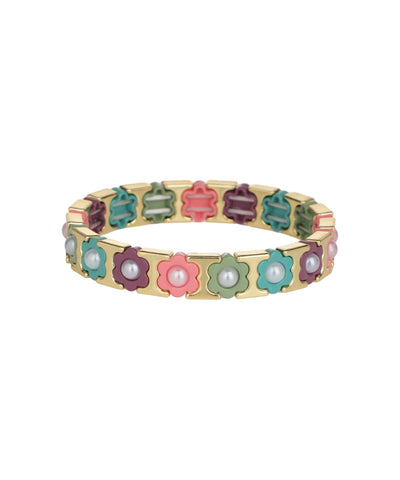 Gold-tone bracelet with colorful enamel floral links and faux pearls
