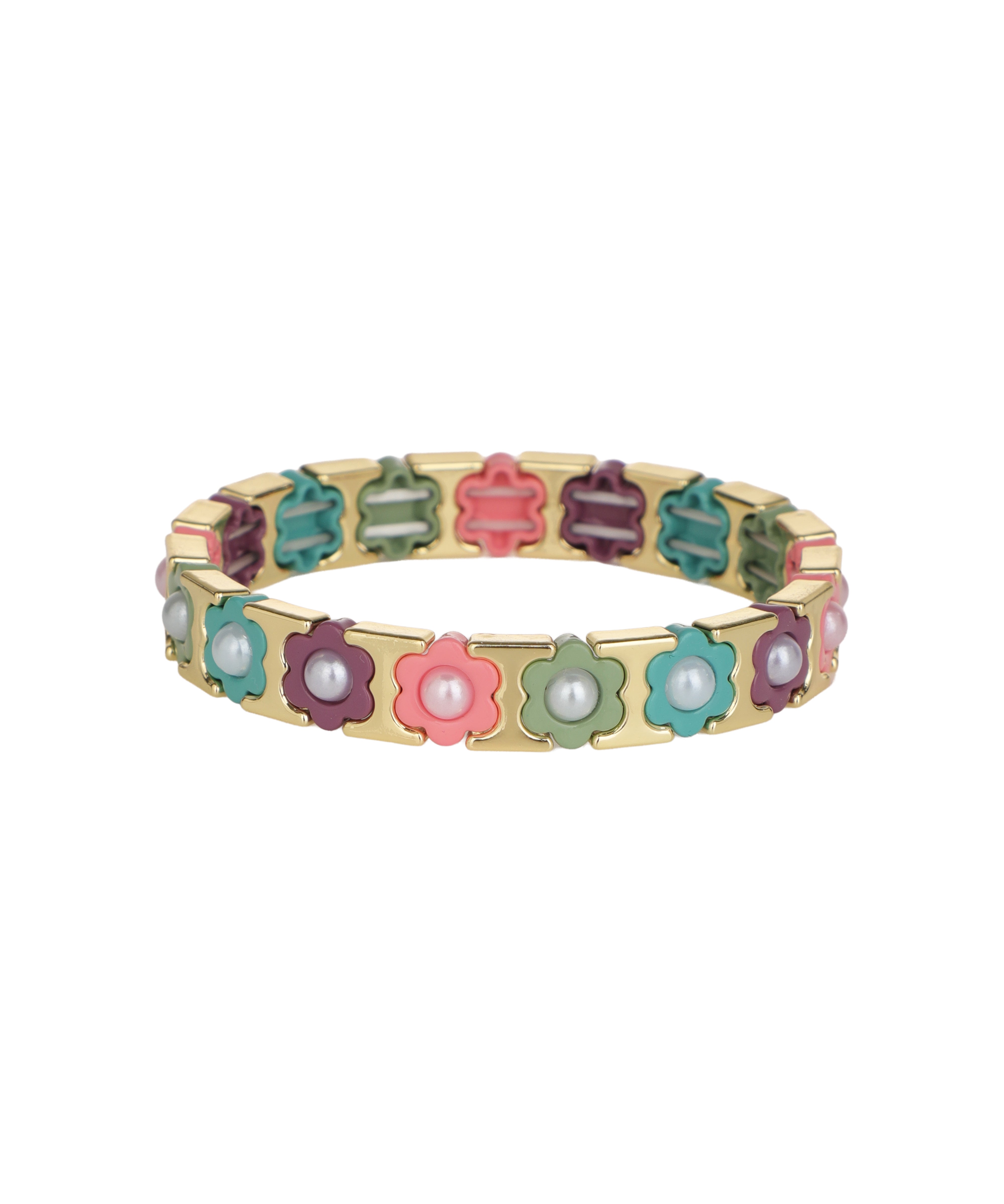 Gold-tone bracelet with colorful enamel floral links and faux pearls