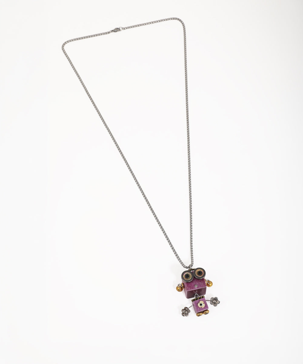 Silver-tone necklace with a playful robot pendant featuring purple body and metallic accents