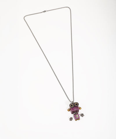 Silver-tone necklace with a playful robot pendant featuring purple body and metallic accents