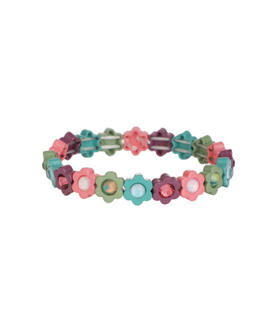 Multi-color flower motif stretch bracelet with clear and pink glass crystal details