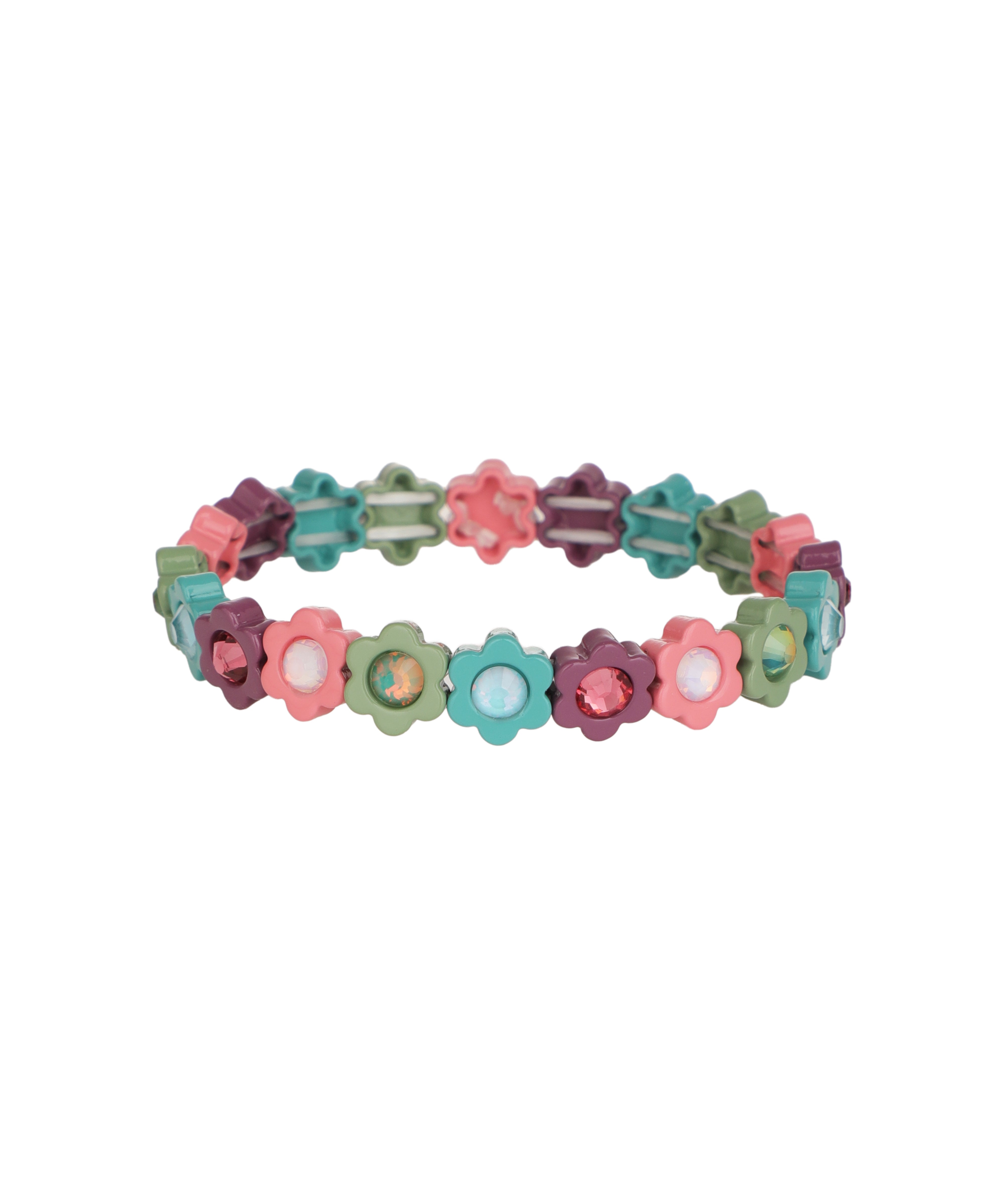 Multi-color flower motif stretch bracelet with clear and pink glass crystal details