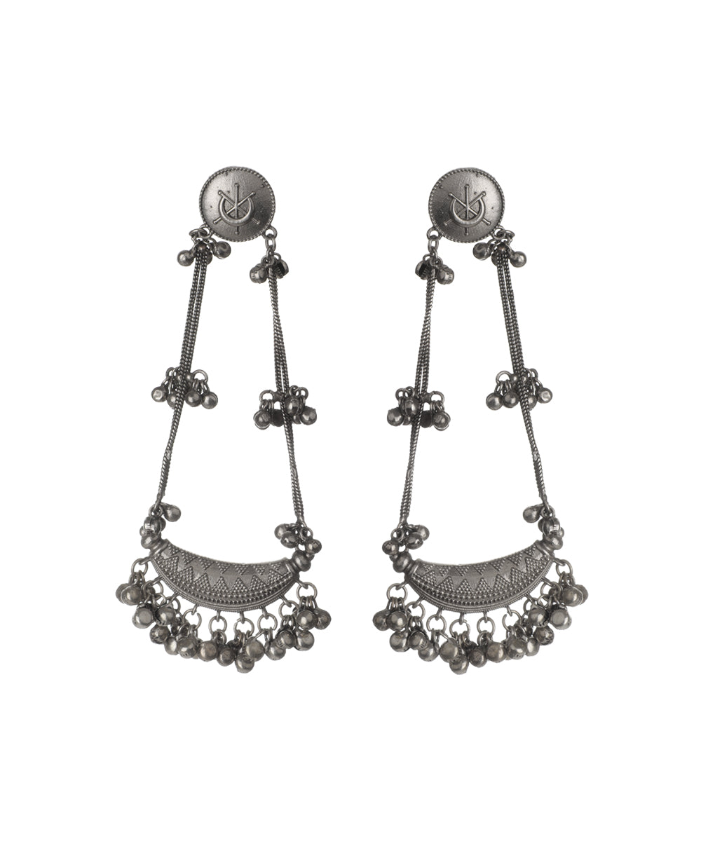 Oxidized finish dangler earrings with embossed stud and crescent base adorned with small bells