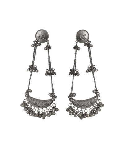 Oxidized finish dangler earrings with embossed stud and crescent base adorned with small bells