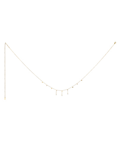 Gold-tone waist chain with delicate star and round stone charms, featuring an adjustable extender.