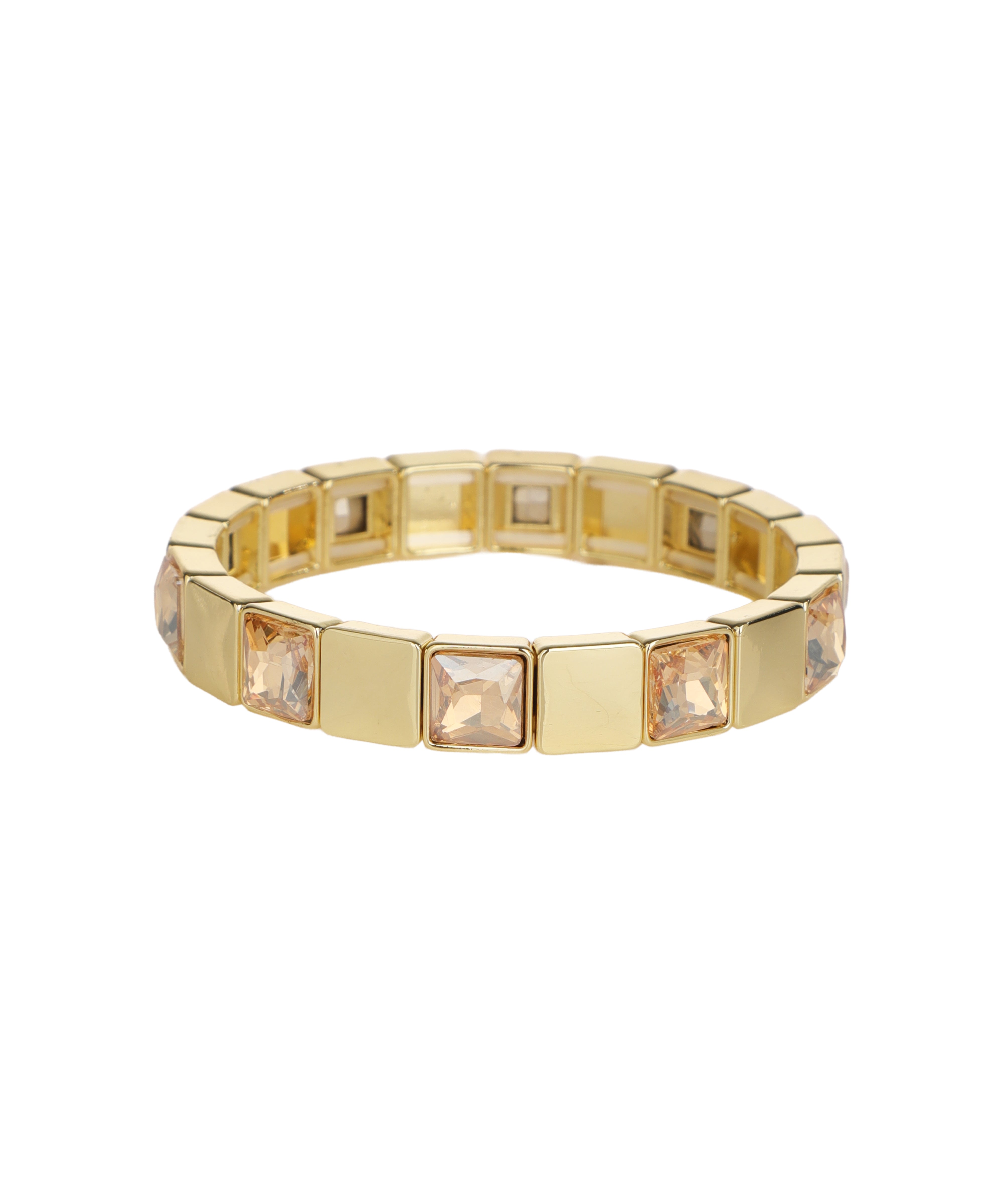 Gold-tone stretch bracelet with alternating plain and champagne square CZ-accented segments