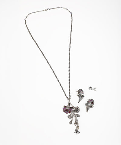 Dark-tone floral vine necklace and matching earrings with purple glass crystals and small faux pearls