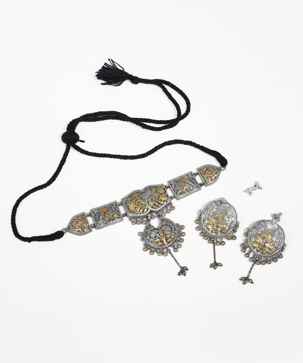 Oxidized silver-tone and gold-tone floral necklace set with dangles and matching earrings