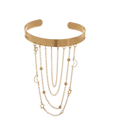 Gold-tone arm cuff with dangling chains, stars, moons, and beads