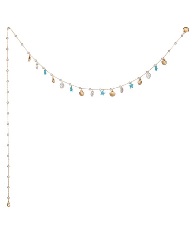 Gold-tone waist chain with faux pearls, shell, glass, and starfish charms