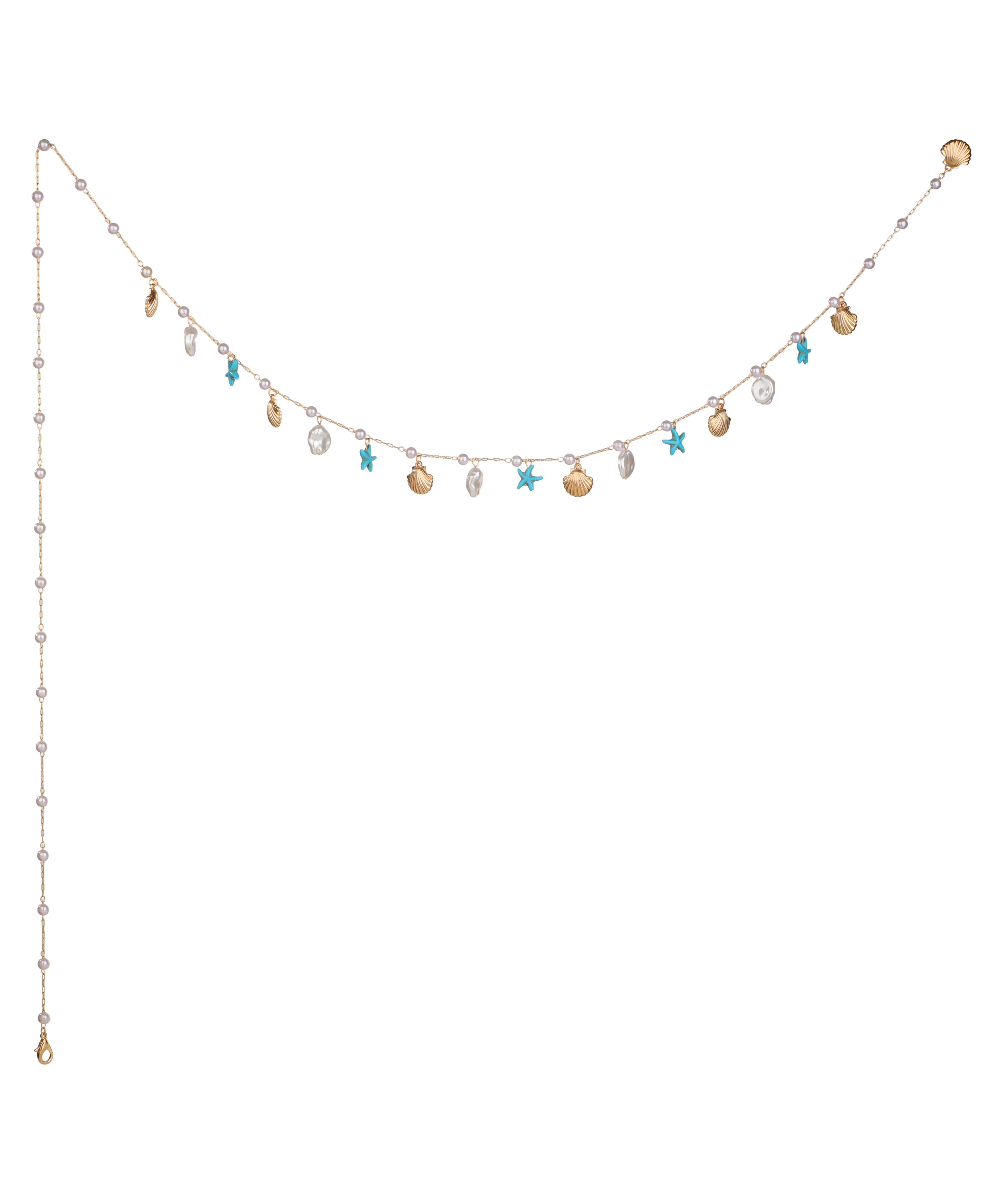 Gold-tone waist chain with faux pearls, shell, glass, and starfish charms