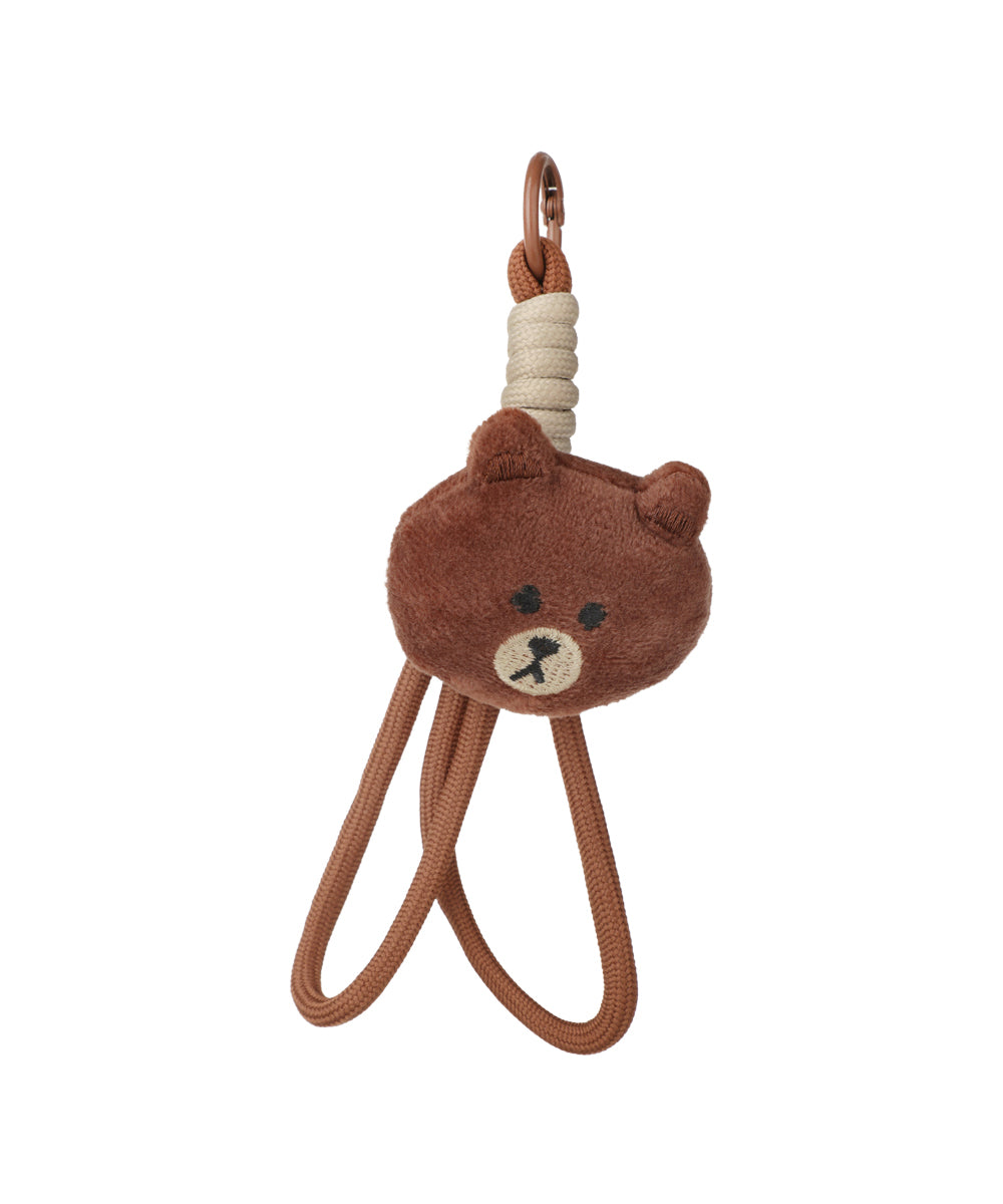 Brown plush bear head bag charm with cream and brown rope detail and brown lobster clasp.
