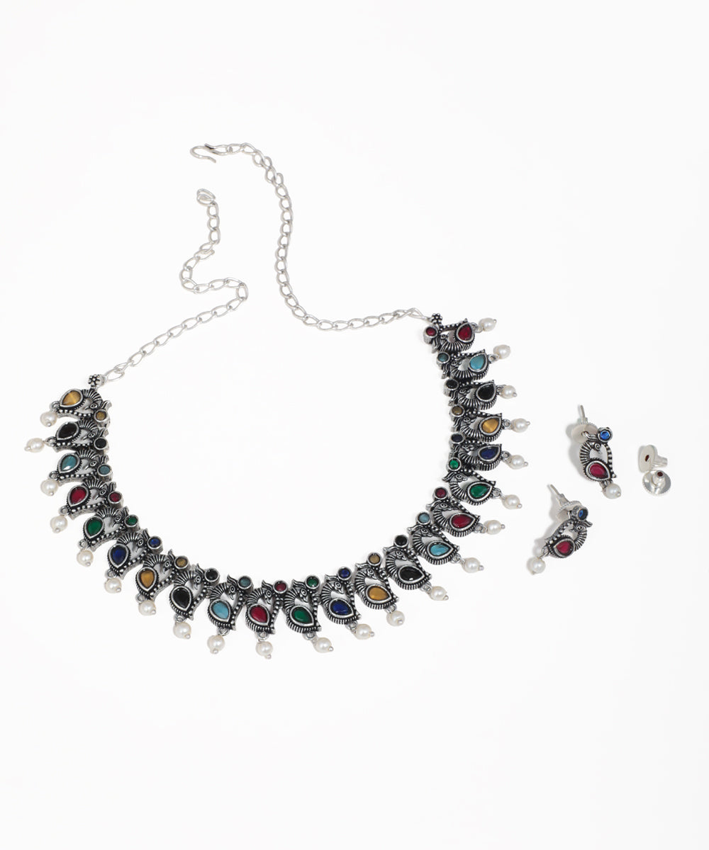 Oxidise necklace set with colorful peacock motifs and faux pearl drops