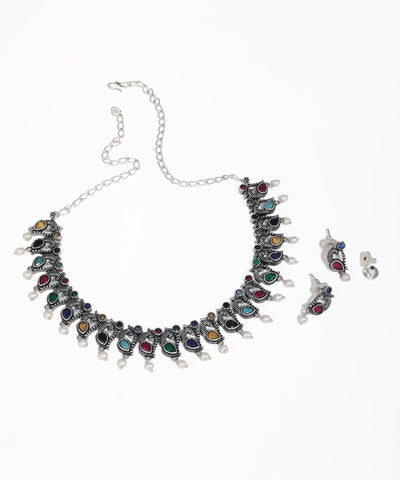 Oxidise necklace set with colorful peacock motifs and faux pearl drops