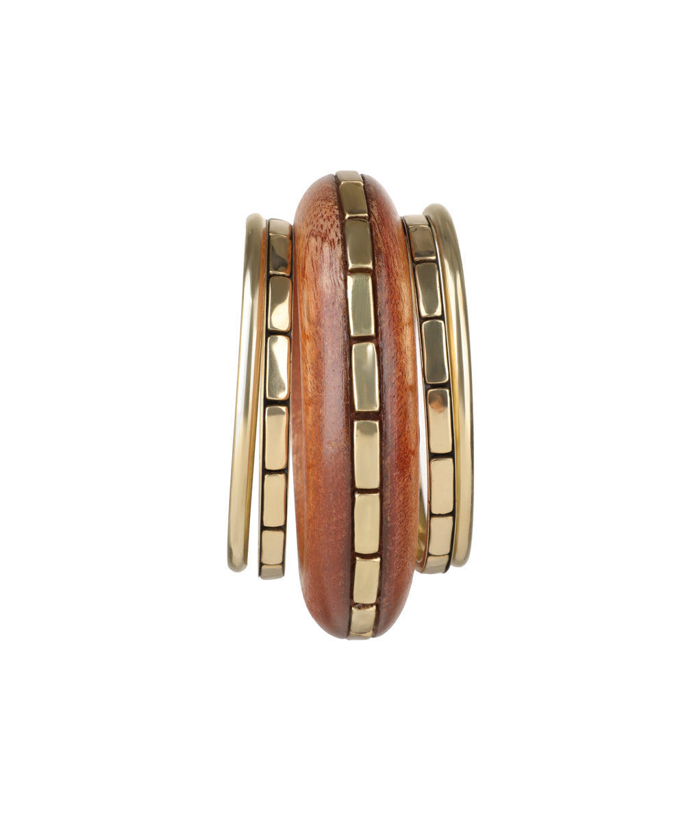 Gold-tone and wood kada with geometric inlays and stacked bangles