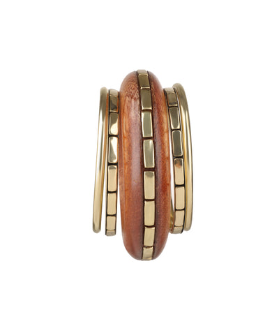 Gold-tone and wood kada with geometric inlays and stacked bangles