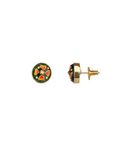 A pair of gold stud earrings with colorful enamel floral designs, shown from both front and side angles on a plain white background.
