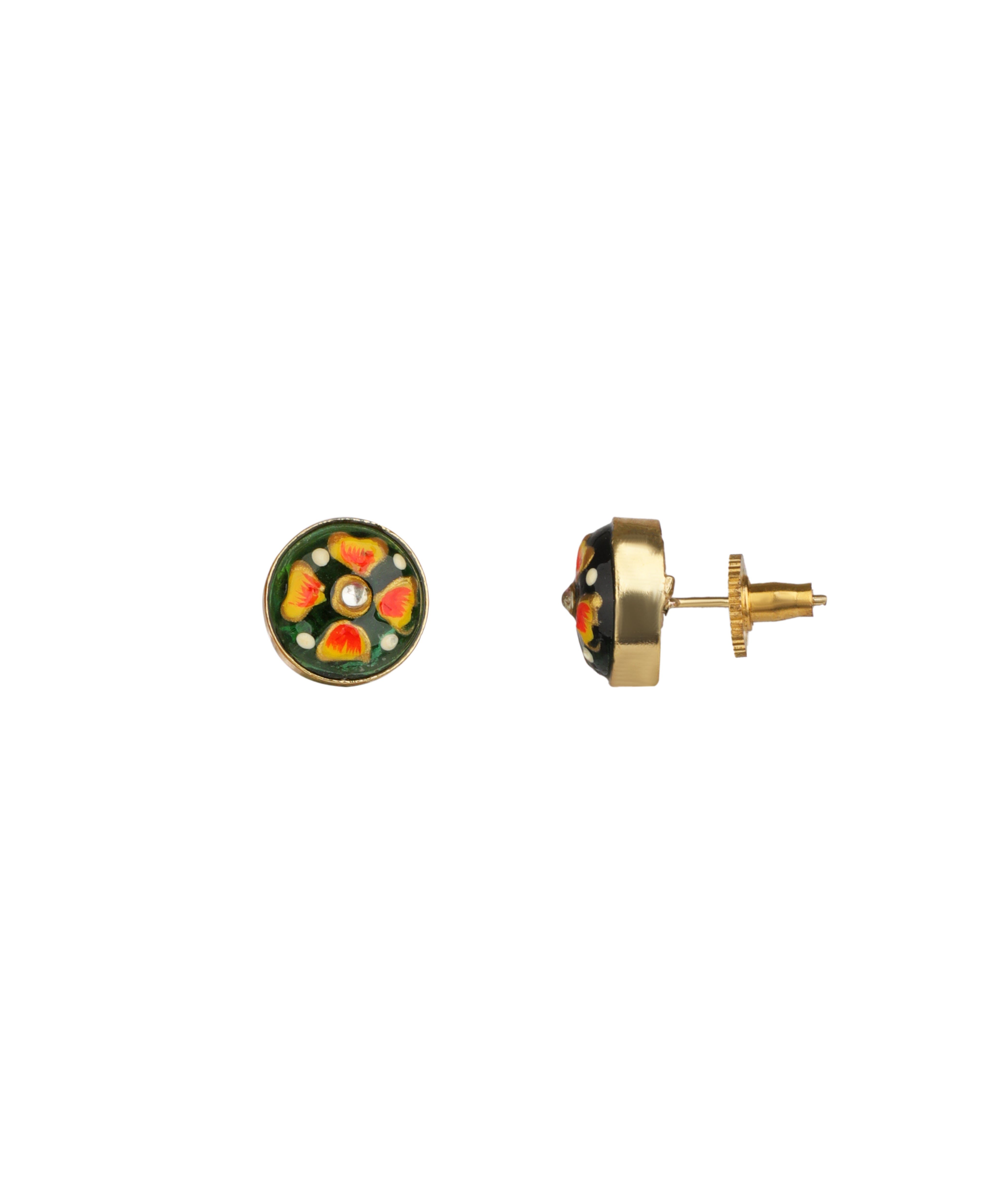 A pair of gold stud earrings with colorful enamel floral designs, shown from both front and side angles on a plain white background.