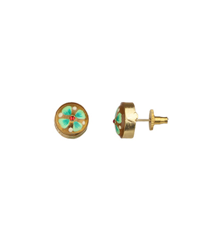 A pair of gold stud earrings with a circular floral enamel design, featuring light blue, green, and red details on a plain white background.
