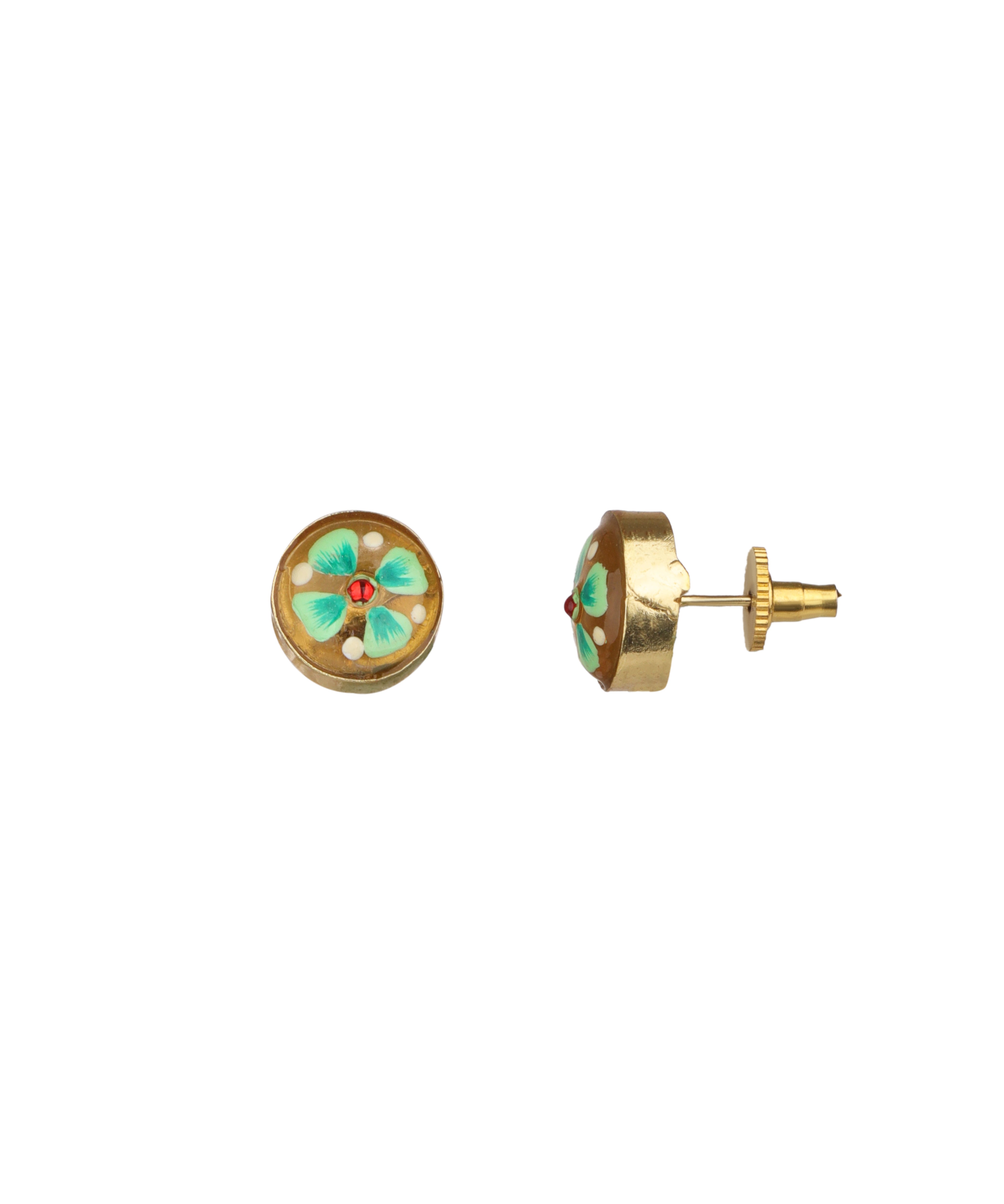 A pair of gold stud earrings with a circular floral enamel design, featuring light blue, green, and red details on a plain white background.