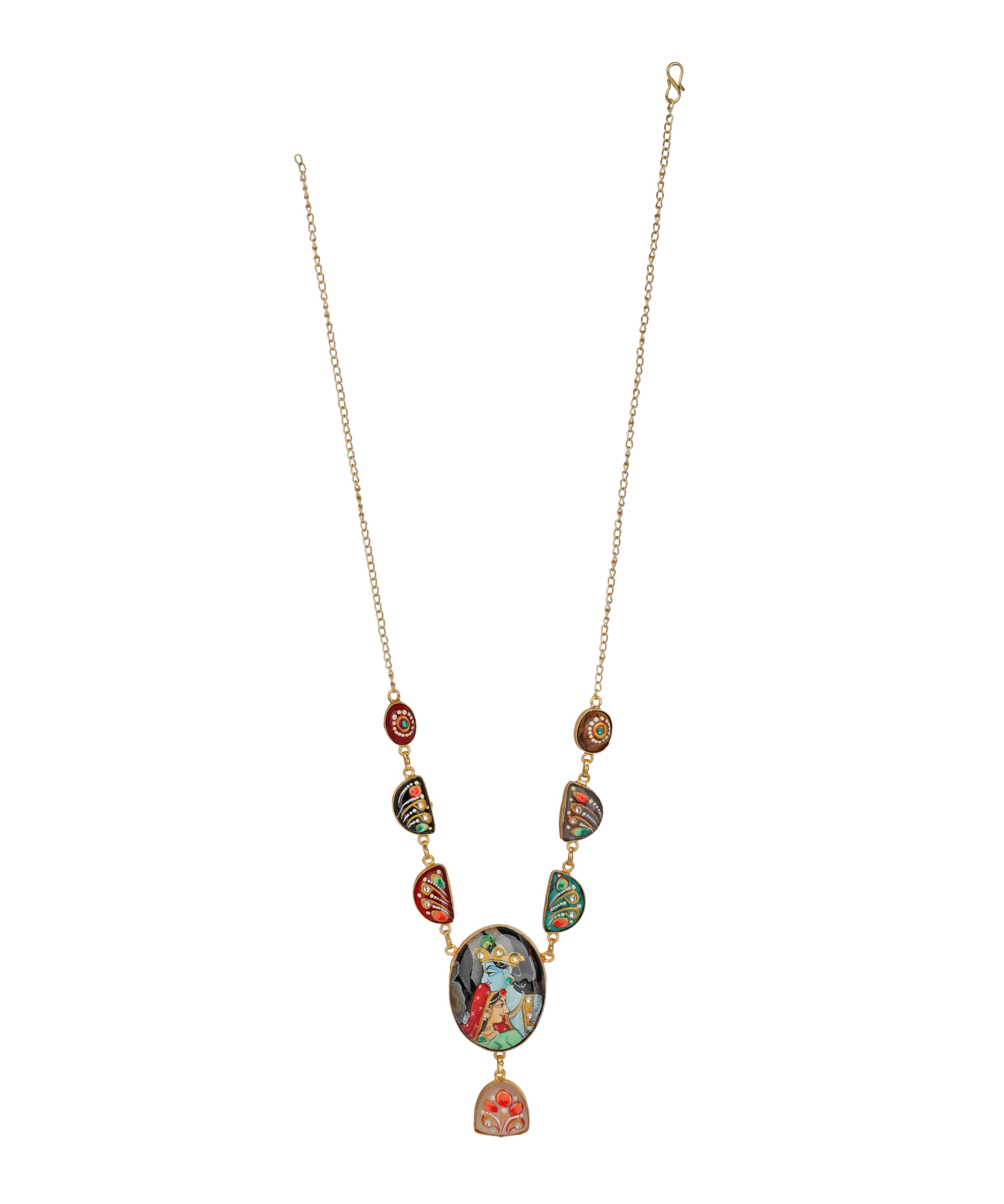 A gold-tone chain necklace featuring a series of colorful, patterned oval and teardrop charms, culminating in a larger central pendant with a floral design and a small teardrop charm below, shown against a plain white background.