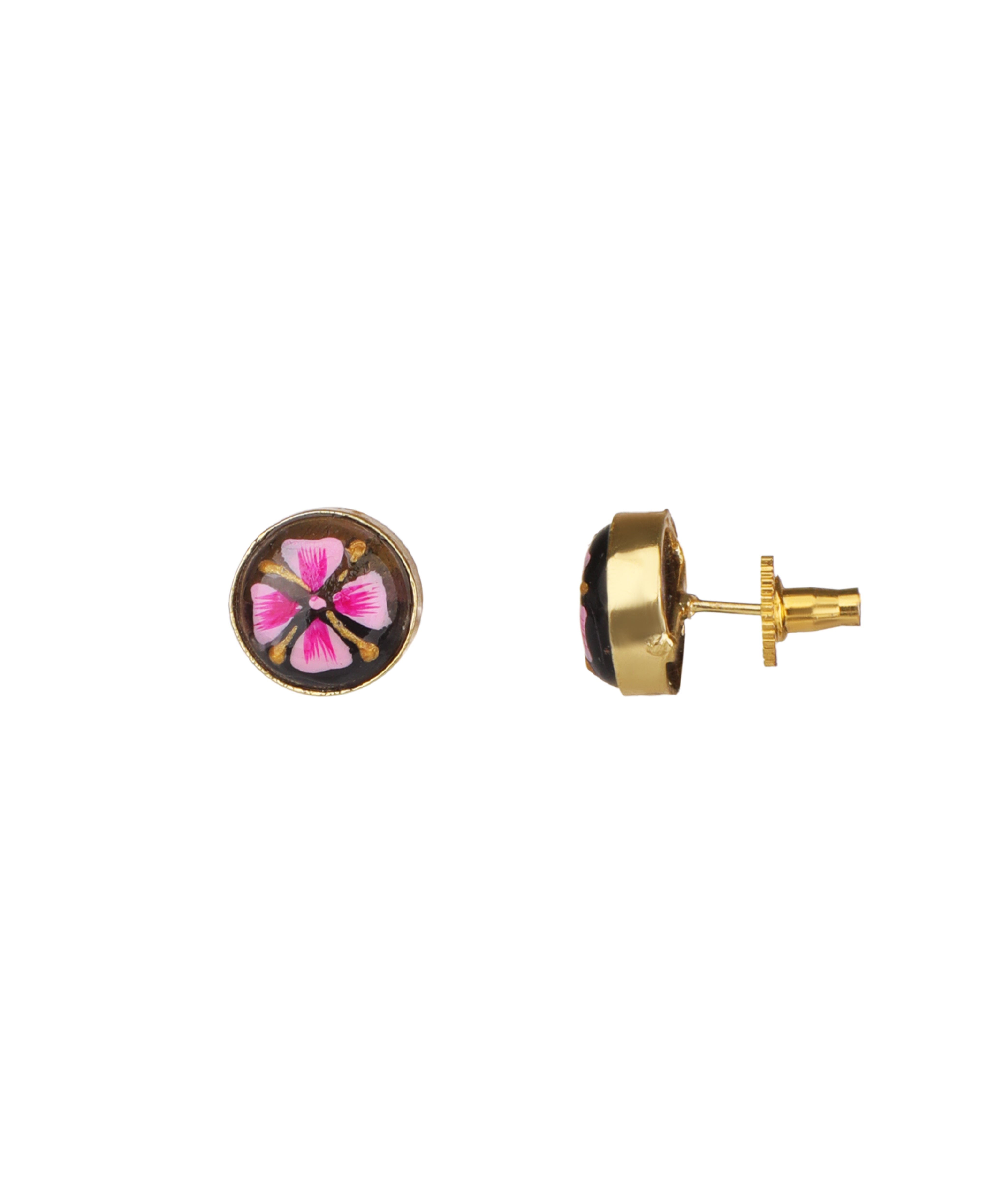 A pair of gold stud earrings featuring a circular face with a pink and magenta flower design on a black background, shown from both front and side angles against a plain white background.