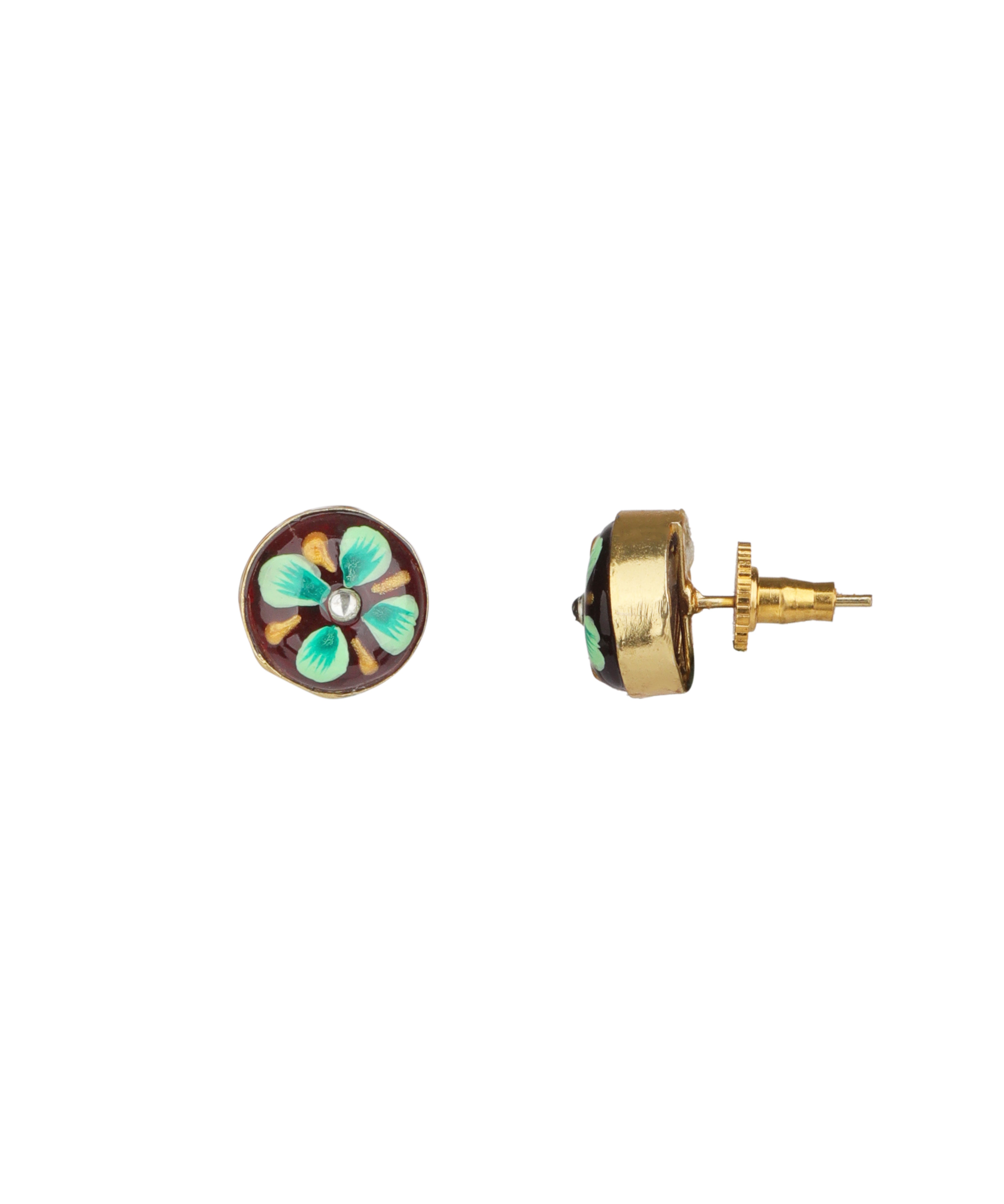 A pair of gold stud earrings featuring a circular enamel flower design with turquoise, green, and white petals on a dark brown background, shown from both front and side angles against a plain white background.