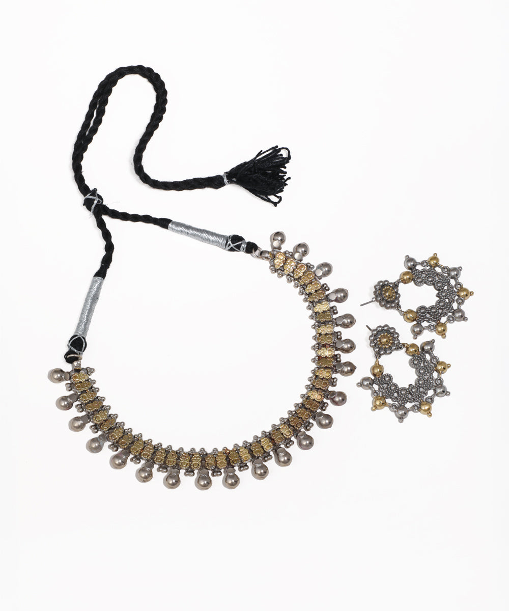 Oxidized silver-tone choker necklace and earrings with gold-tone accents and ghungroo drops