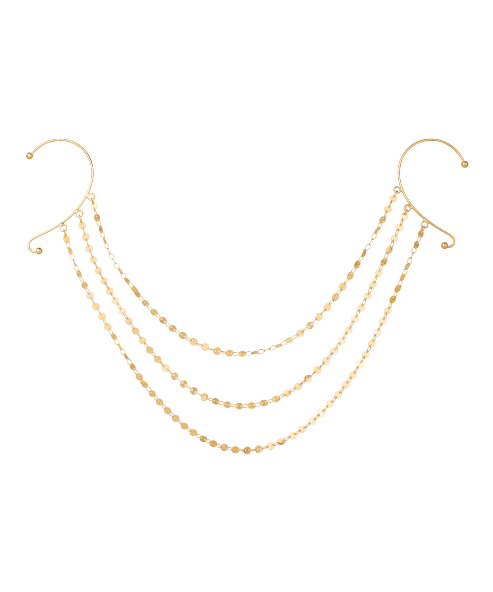 Gold-tone ear-to-ear cuff chain with three draped disc chains