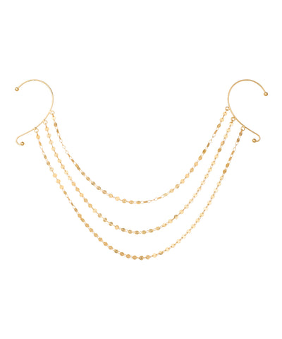Gold-tone ear-to-ear cuff chain with three draped disc chains