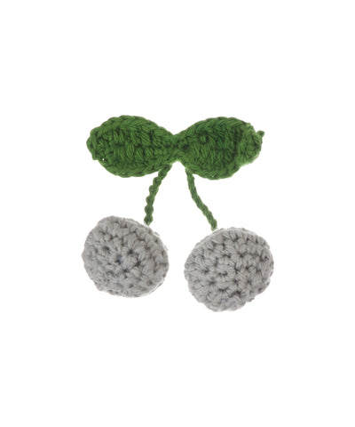 Crochet hair clip with gray cherry and green leaf motif