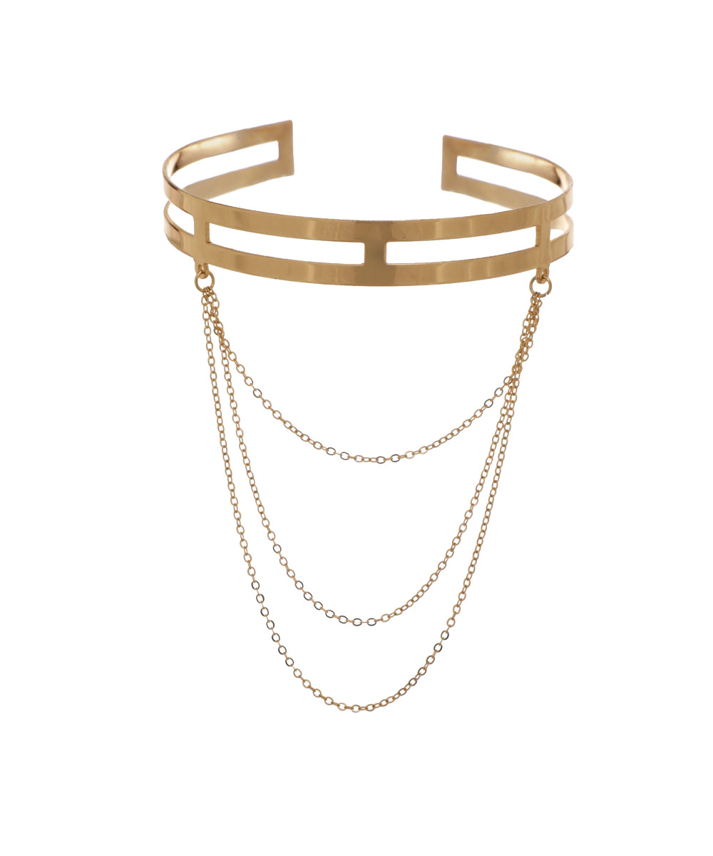 Gold-tone arm cuff with double geometric bands and delicate draped chains