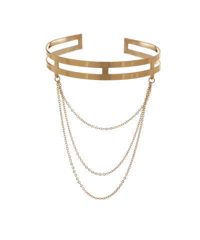 Gold-tone arm cuff with double geometric bands and delicate draped chains