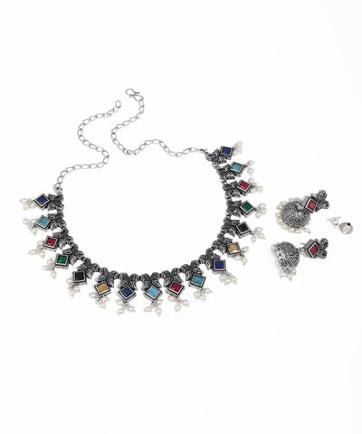 Oxidized finish necklace set with multicolor glass crystals and faux pearl drops